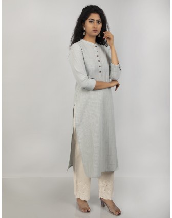 Suti Women's Cotton Stripe Front Buttoned Long Tunic, Grey