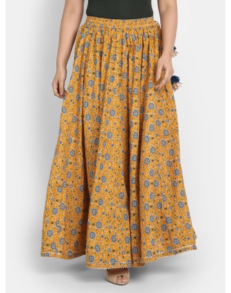 Suti Women's Cotton Printed Kalidar Skirt, Mustard