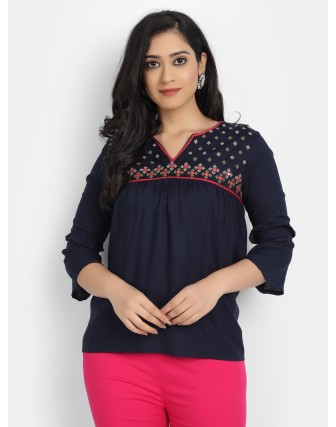 Suti Women's Rayon Staple Embroidered Top with Bell Sleeves, Navy Blue