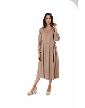 SUTI RAYON EMBROIDERED LONG DRESS, BEIGE