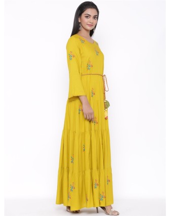 Mustard Round Neck Machine Embroidery 3/4 Sleeves Yes Long Dress