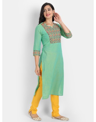 Green Round Neck Machine Embroidery 3/4 Sleeves Yes Long Kurti