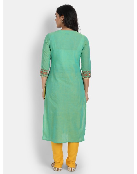 Green Round Neck Machine Embroidery 3/4 Sleeves Yes Long Kurti