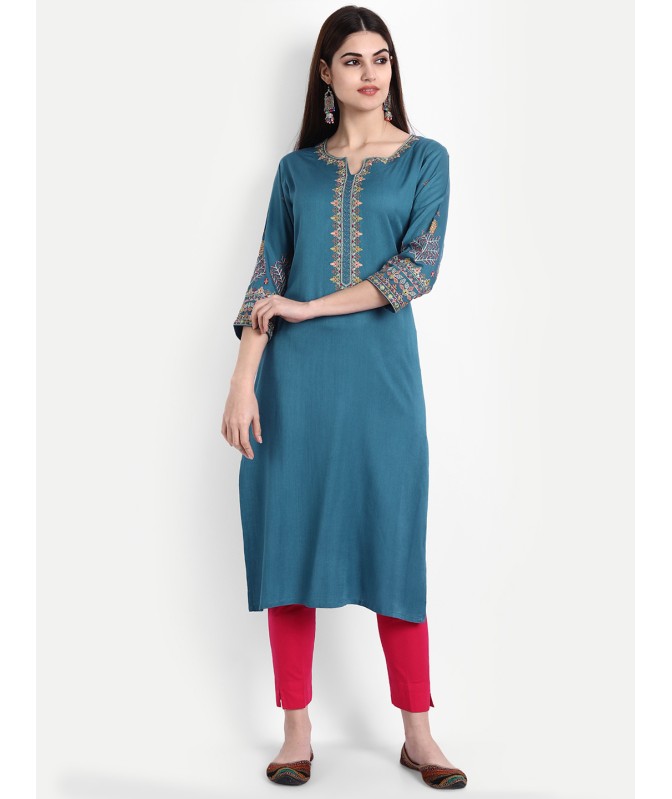 Moroccan Blue V Slit Round Neck Machine Embroidery 3/4 Sleeves Yes Long Kurti