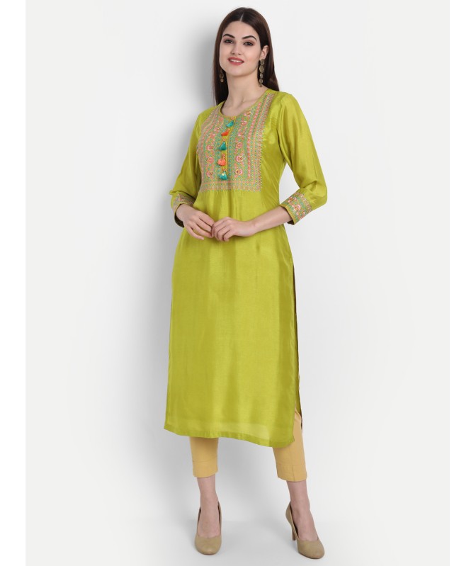 Apple Green Round Neck Machine Embroidery 3/4 Sleeves Yes Long Kurti