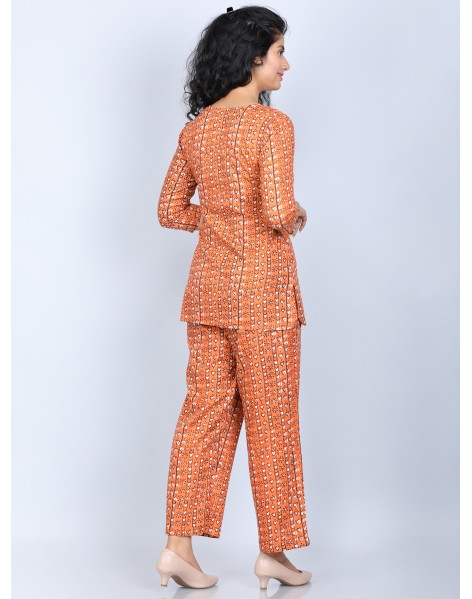 Orange V Neck 3/4 Sleeves Night Suit