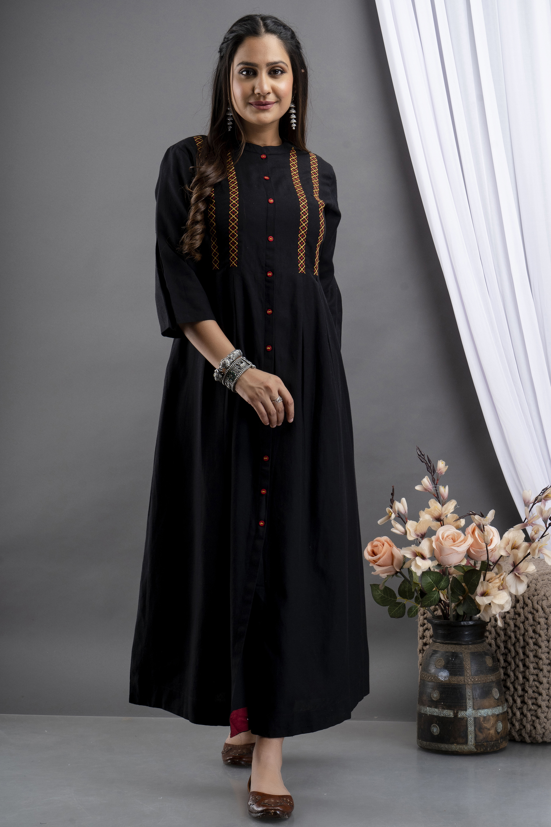 EMBROIDERED PLEATED LONG DRESS