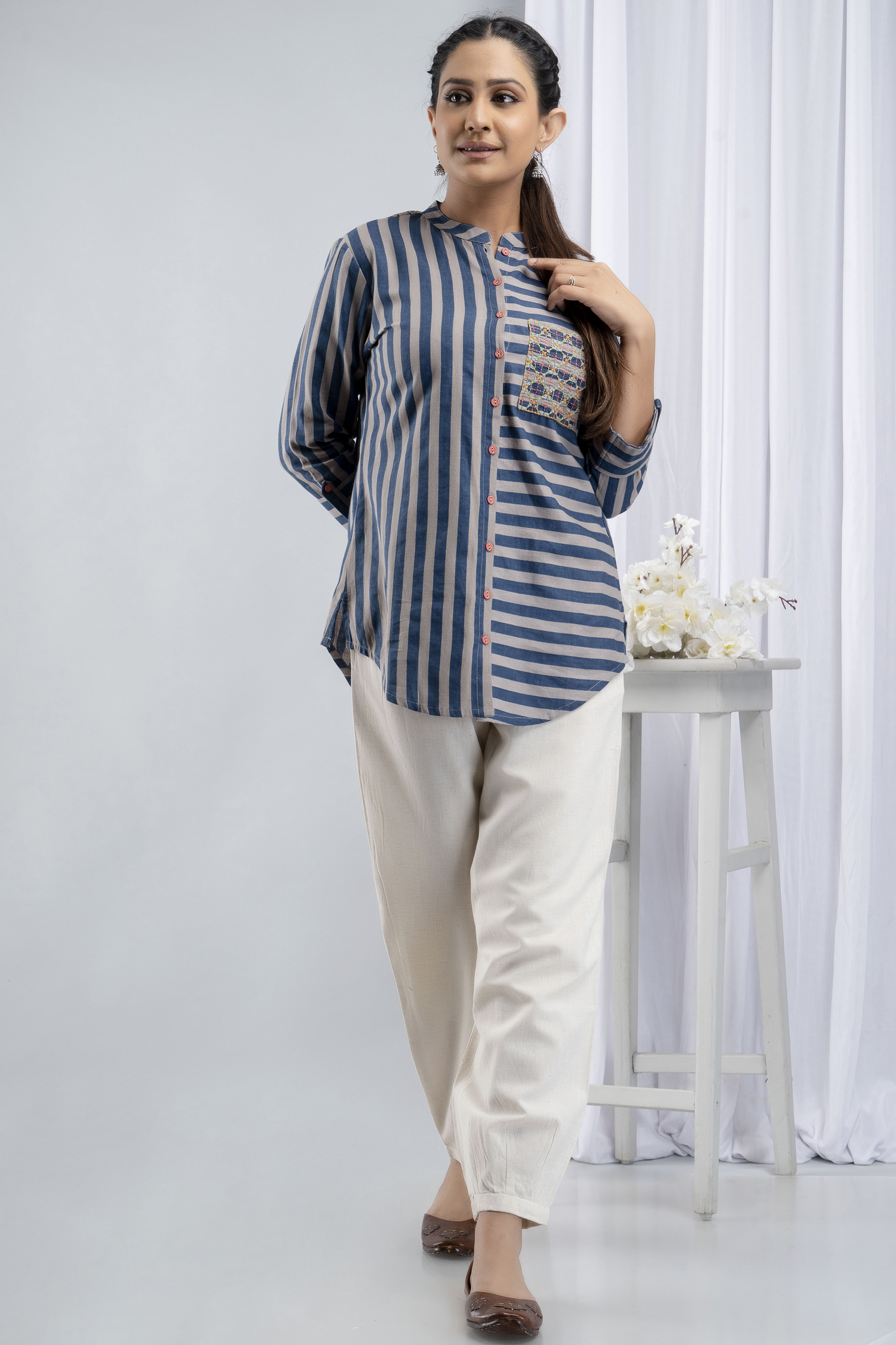 STRIPE PRINTED EMBROIDERED TUNIC