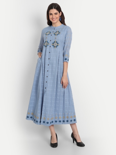 EMBROIDERED FLARED LONG DRESS