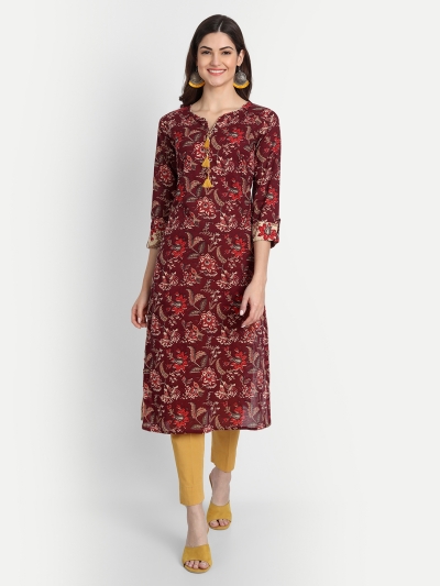 COTTON PRINTED LONG KURTI WITH FANCY TASSELS