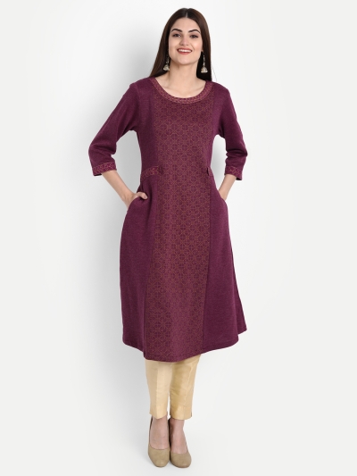 WOOLEN ROUND NECK KURTI WITH EMBROIDERY ON NECK AND WAIST